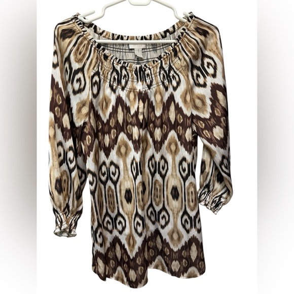 Chico's Women's Beige Brown Tan Aztec Print 3/4 Sleeve Tunic Top - Picture 1 of 6